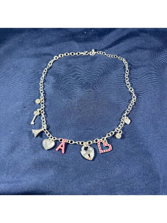 Jewelry - Silver Charm Necklace With Heart Eiffel Tower Key & Rhinestone Accents